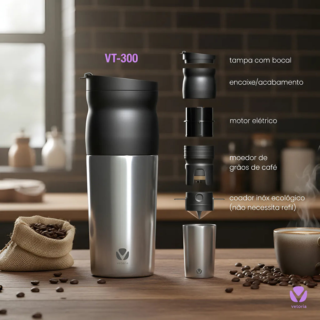Mini Cafeteria Portátil Vetoria VT-300 Moedor De Café Copo Térmico